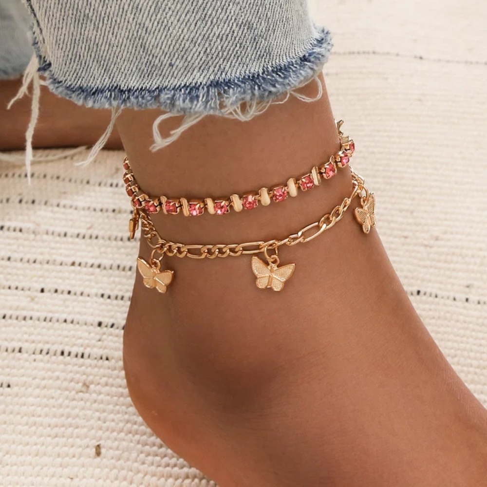 Pink Tourmaline Tennis Anklet Set